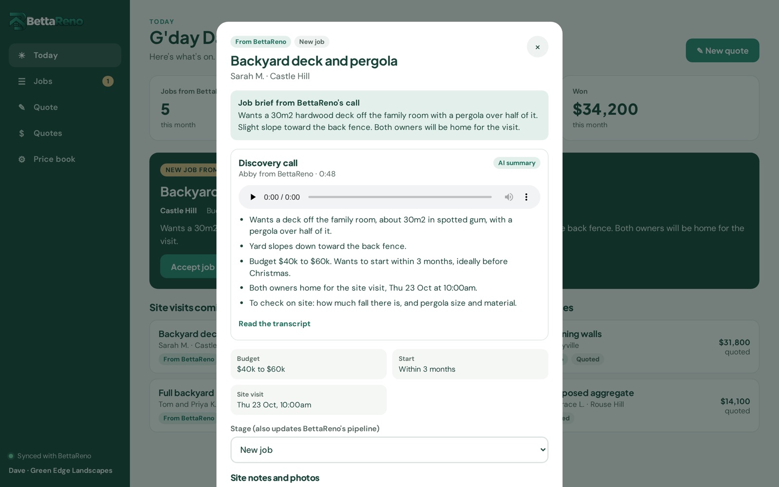 A job in the BettaReno portal with the call recording and AI summary