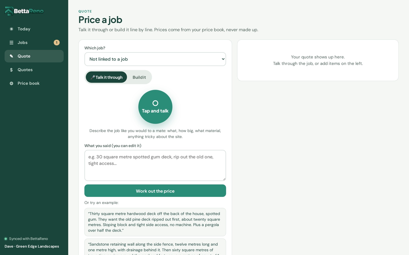 The voice quoting tool in the BettaReno portal