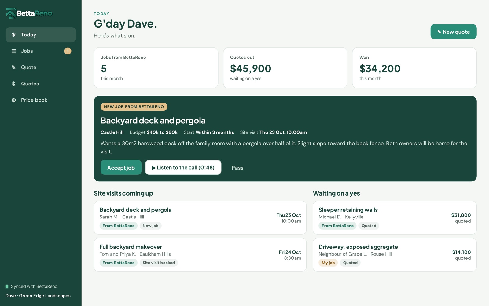 The BettaReno partner portal Today screen